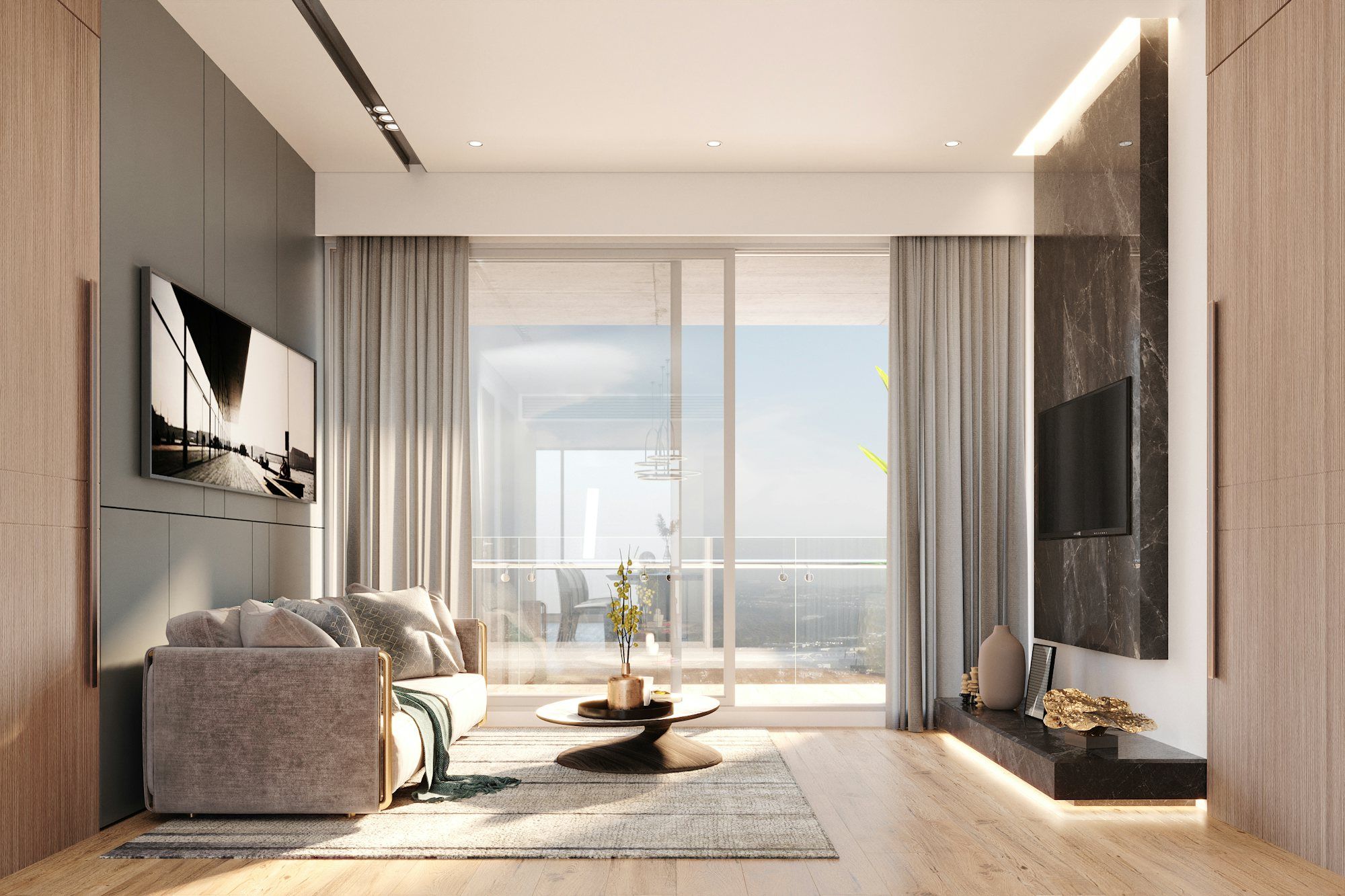 Malibu interior with ocean view and motorized shades